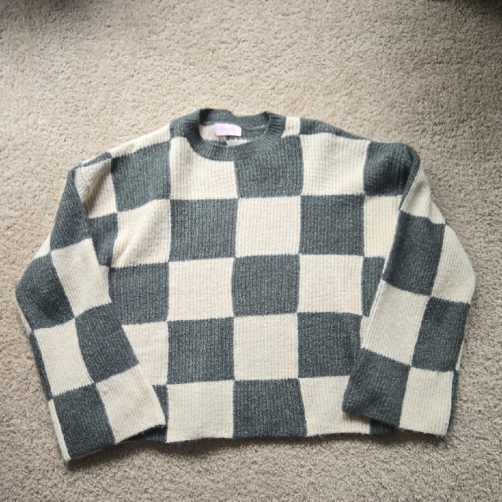 Pink Lily Green and Cream Checkered Sweater
